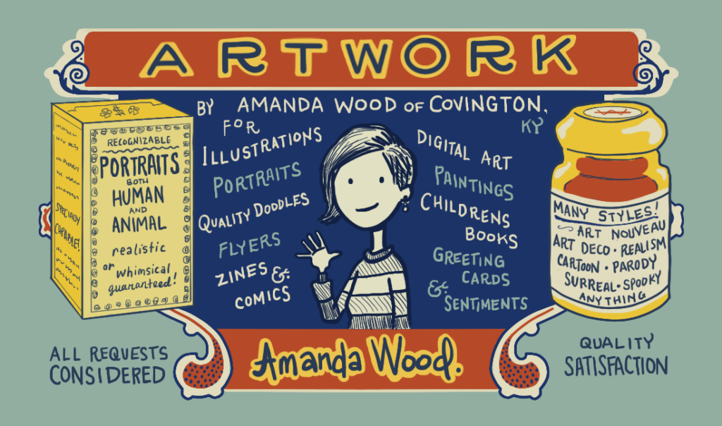 Cartoon version of Amanda Wood waving at the user surrounded by lists  and words of all the different services she offers. The title in the image reads "Artwork by Amanda Wood of Covington, KY." Artwork is done in a style that resembles an old medicine bottle label from the 1920's.